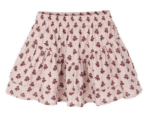 The Girls' Tiered Mini Skirt by Rylee & Cru features light pink scallop-edged tiers, an elastic waistband, and a small maroon floral print.