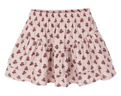 The Girls' Tiered Mini Skirt by Rylee & Cru features light pink scallop-edged tiers, an elastic waistband, and a small maroon floral print.
