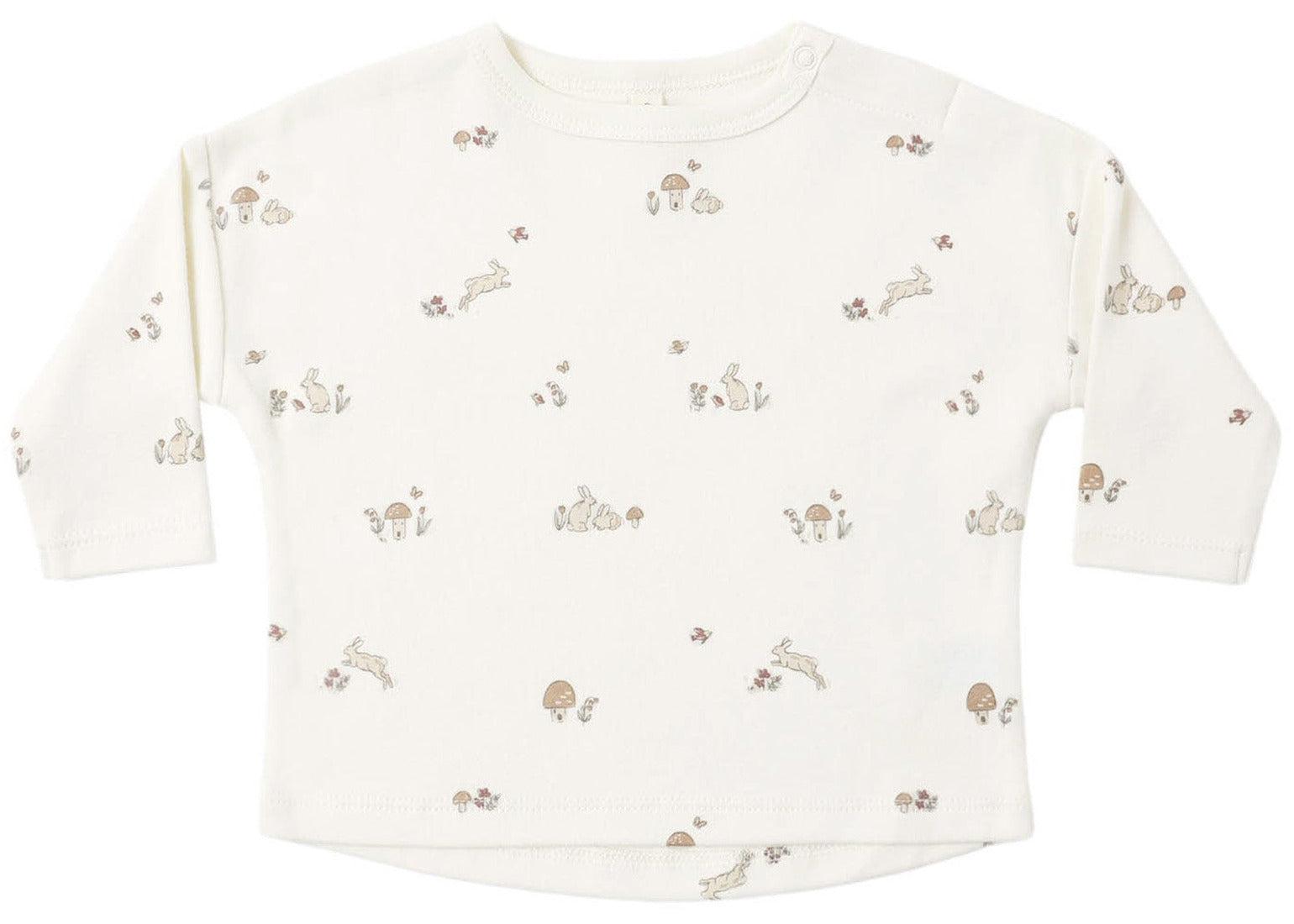 The Quincy Mae Baby and Kids’ Long Sleeve Tee is crafted from organic brushed cotton in classic white and showcases a delightful pattern of small mushrooms, flowers, and rabbits in soft beige and brown hues. Designed with practical shoulder snaps, this comfortable long-sleeve shirt makes dressing easy while keeping your little one cozy all day.