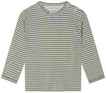 Serendipity’s Baby Rib Stripe Tee is a long-sleeve green and white striped T-shirt for babies, crafted from soft organic cotton and featuring two snap buttons on the left shoulder. The tee is displayed flat on a white background.