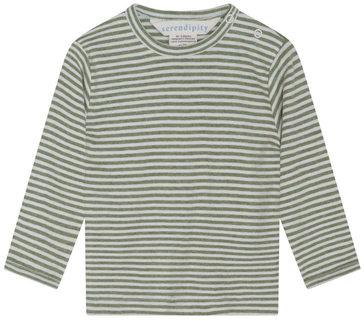 Serendipity’s Baby Rib Stripe Tee is a long-sleeve green and white striped T-shirt for babies, crafted from soft organic cotton and featuring two snap buttons on the left shoulder. The tee is displayed flat on a white background.