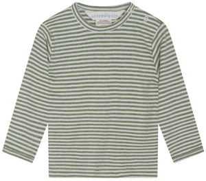 Serendipity’s Baby Rib Stripe Tee is a long-sleeve green and white striped T-shirt for babies, crafted from soft organic cotton and featuring two snap buttons on the left shoulder. The tee is displayed flat on a white background.