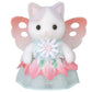 A small Latte Cat baby figure from Calico Critters’ Floral Fantasy Skyship, standing upright in a charming fairy costume with pink wings and a pastel flower dress.