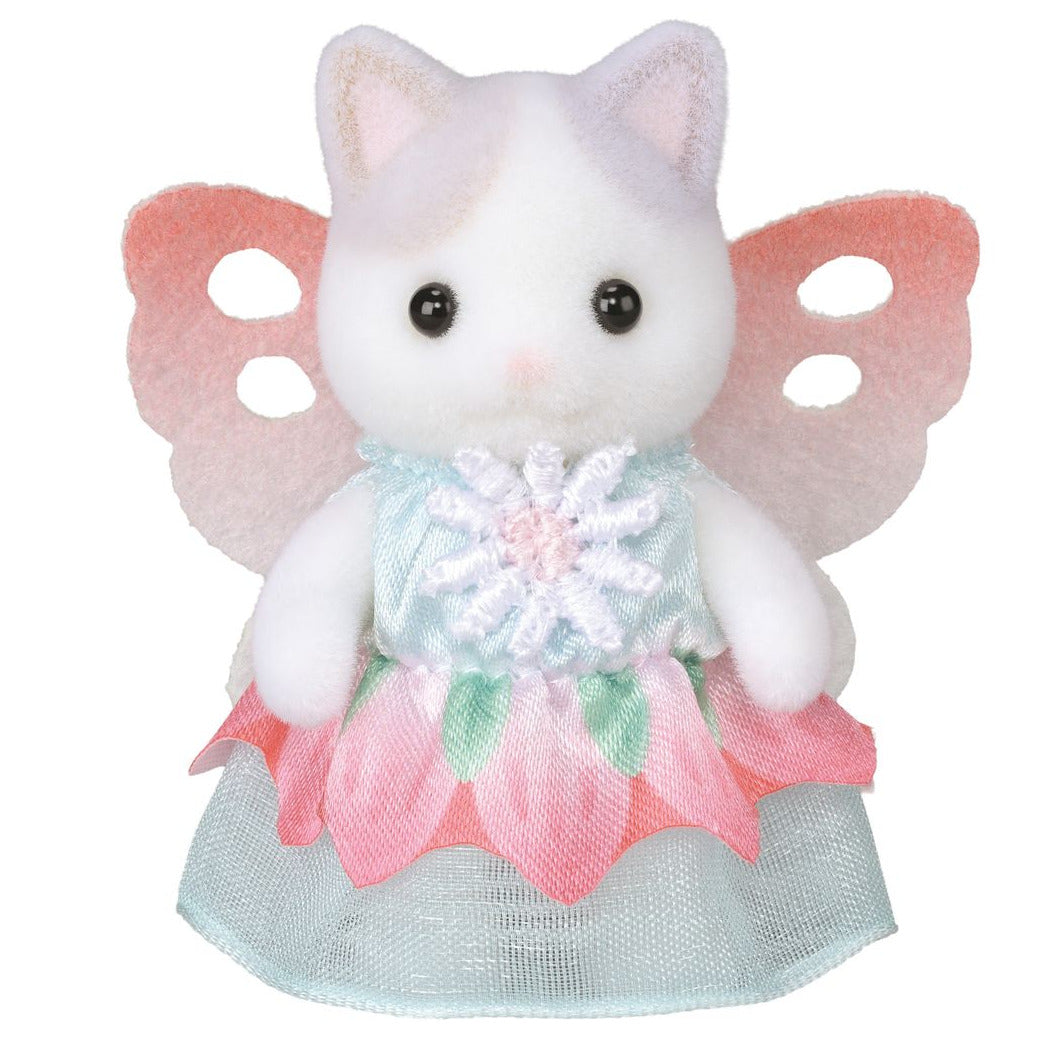 A small Latte Cat baby figure from Calico Critters’ Floral Fantasy Skyship, standing upright in a charming fairy costume with pink wings and a pastel flower dress.
