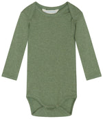 A Serendipity Baby Solid Rib Bodysuit in organic cotton, featuring long sleeves and snap closures at the bottom, is displayed laid flat on a white background.