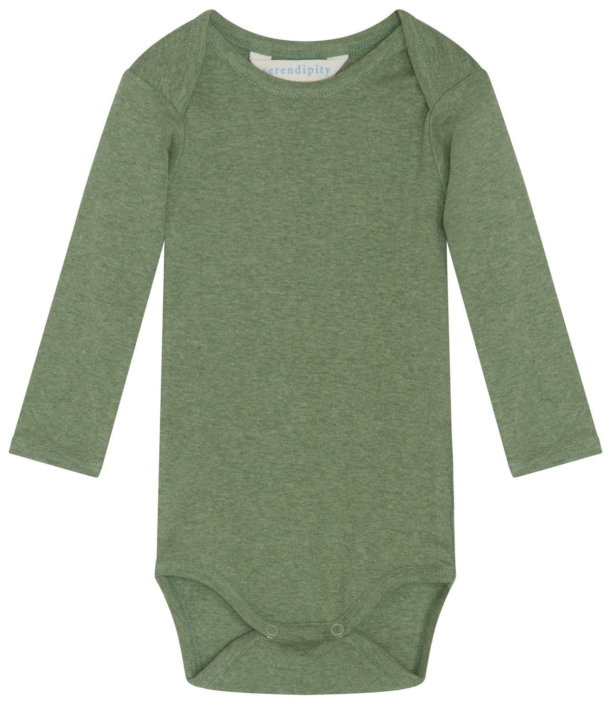 A Serendipity Baby Solid Rib Bodysuit in organic cotton, featuring long sleeves and snap closures at the bottom, is displayed laid flat on a white background.