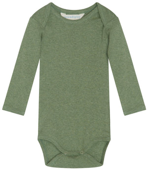 A Serendipity Baby Solid Rib Bodysuit in organic cotton, featuring long sleeves and snap closures at the bottom, is displayed laid flat on a white background.