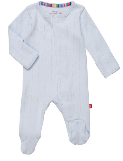 The Magnetic Me Baby Love Lines Pointelle Footie, in light blue organic cotton, features long sleeves and a footed bottom. It boasts subtle vertical stripes with a colorful striped neckline trim, providing comfort and style for your little one.