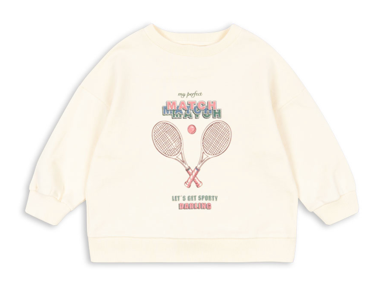 The Kids’ Loupy Lou Sweatshirt by Konges Slojd is a cream crewneck made from soft cotton, featuring two crossed tennis rackets, a tennis ball, and the text “my perfect MATCH MATCH, LET’S GET SPORTY DARLING” on the front.