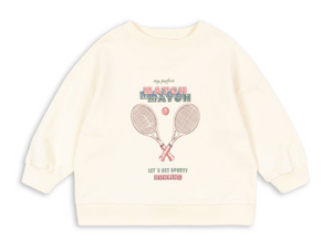 The Kids’ Loupy Lou Sweatshirt by Konges Slojd is a cream crewneck made from soft cotton, featuring two crossed tennis rackets, a tennis ball, and the text “my perfect MATCH MATCH, LET’S GET SPORTY DARLING” on the front.