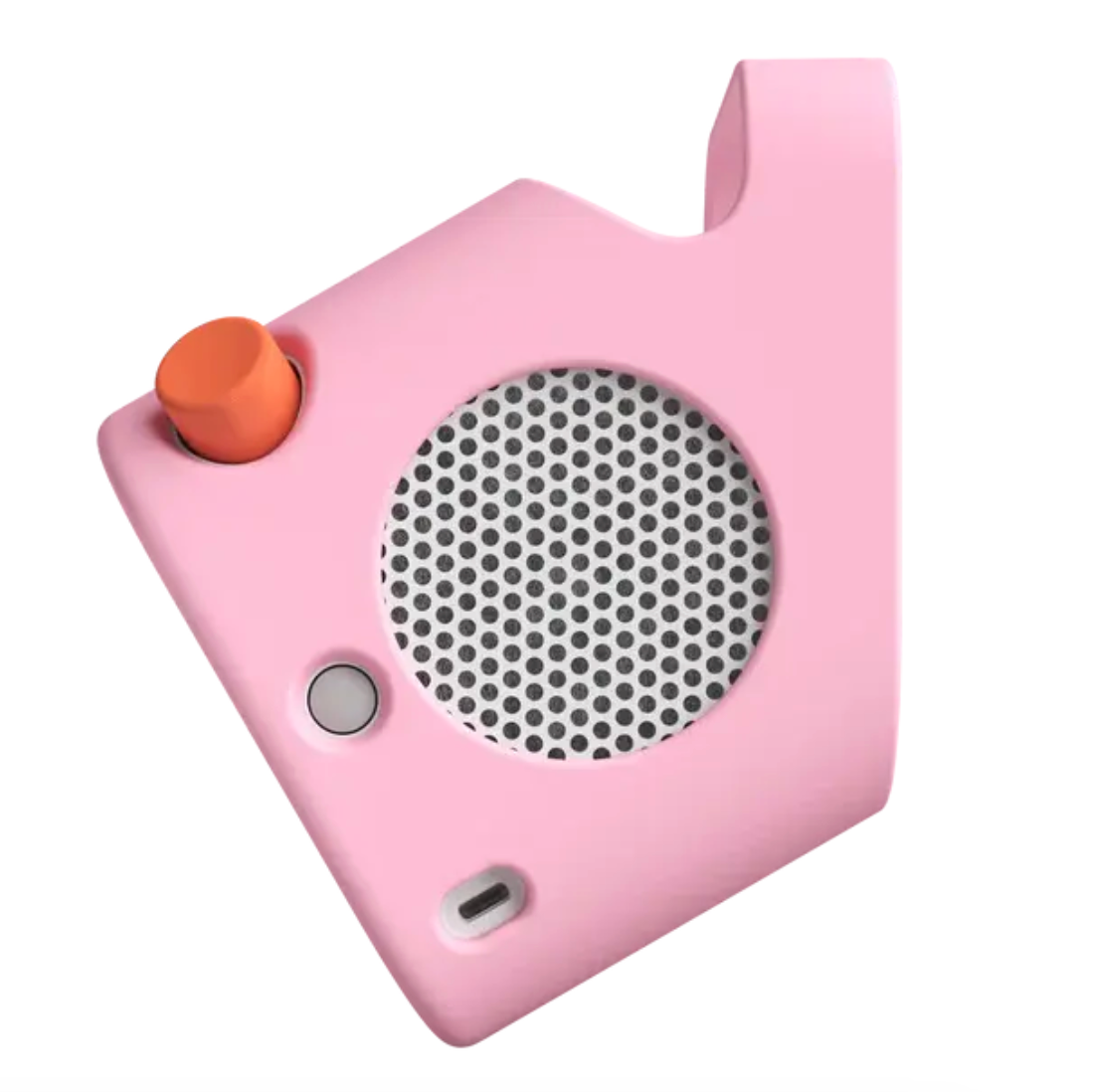 A pink, angular portable speaker with a round grille, an orange knob, a small button, and a USB-C charging port—perfect for pairing with the Yoto Player Adventure Jacket (3rd Gen) from Yoto or a silicone carry-coat for on-the-go protection and style.
