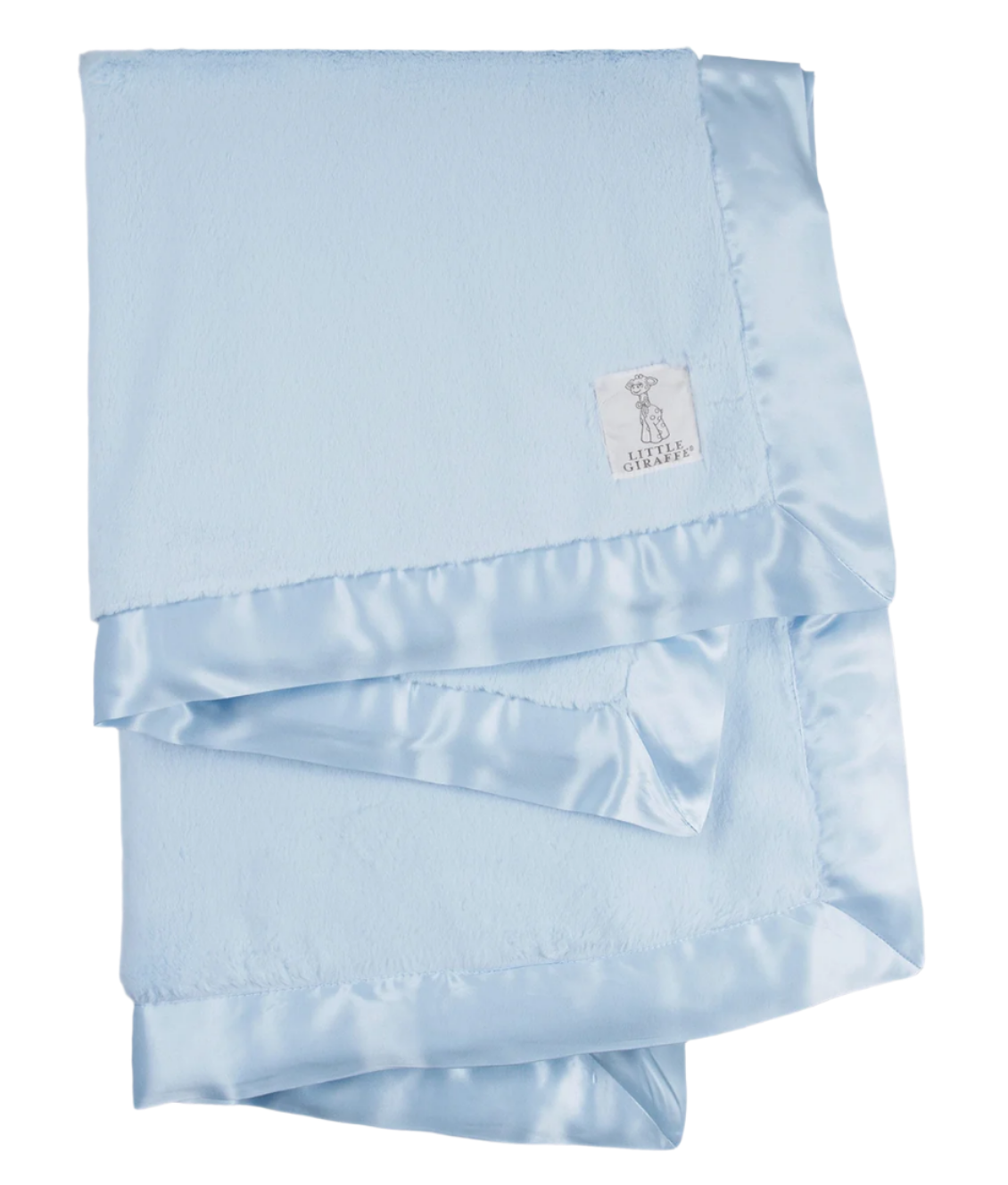 The Little Giraffe Luxe Baby Blanket by Little Giraffe, in a calming light blue, has an ultra-soft faux fur texture with a satin border. It's neatly folded, combining style and comfort for your child.