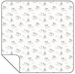 The Angel Dear Swaddle Blanket features a soft bamboo viscose fabric with cartoon sheep, chicks, and clouds on white with gray stripes. A folded corner reveals the underside, making it perfect for cozy swaddling.
