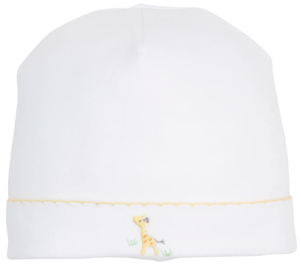 Introducing the Kissy Kissy Premier Giraffe Love Hand Emb. Hat—a white baby hat made from soft Peruvian cotton, featuring a delicately hand-embroidered yellow giraffe and a charming yellow scalloped edge near the bottom.