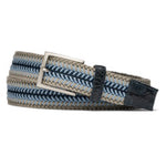 The W. Kleinberg Men's Shoreline Stretch Belt features beige, blue, and navy braided stripes, croc leather tabs, a brushed nickel buckle, and a dark leather loop.
