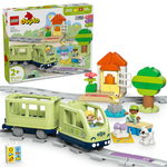 Legos - Toyhouse LEGO® DUPLO® Interactive Adventure Train for ages 2+ includes a green train, tracks, two figures, a dog, house, and accessories—an engaging toddler train set shown with its product box.