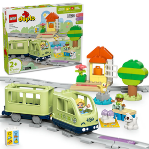 Legos - Toyhouse LEGO® DUPLO® Interactive Adventure Train for ages 2+ includes a green train, tracks, two figures, a dog, house, and accessories—an engaging toddler train set shown with its product box.