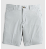 Jupiters Short by Johnnie-O in light grey, knee-length with belt loops, button closure, and front pockets, crafted from performance cotton and laid flat on a plain background.