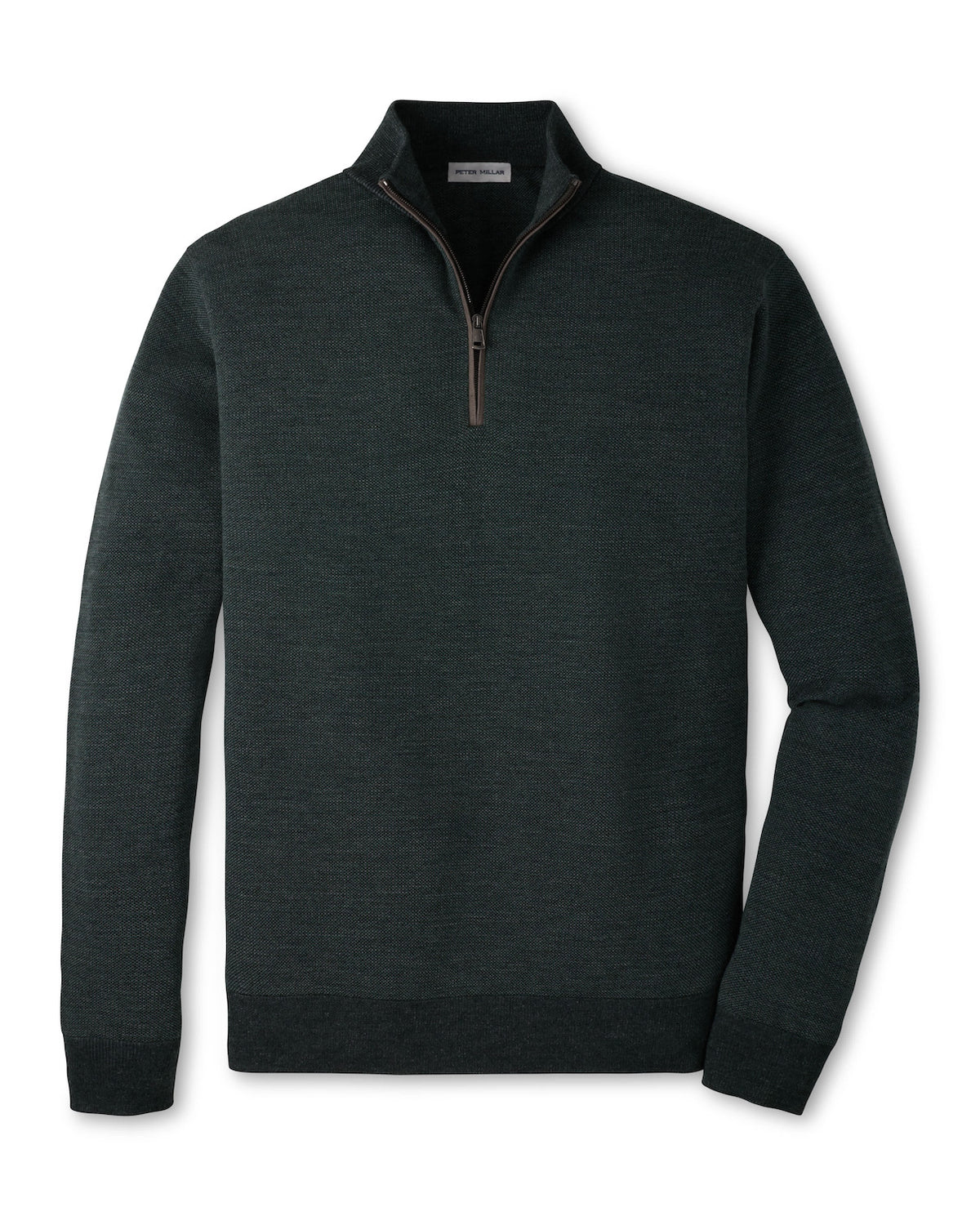 Peter Millar Blair Birdseye Quarter-Zip Sweater in dark grey, featuring a birdseye stitch, high neck, and brown trim with a contrast zipper.