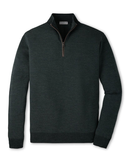 Peter Millar Blair Birdseye Quarter-Zip Sweater in dark grey, featuring a birdseye stitch, high neck, and brown trim with a contrast zipper.