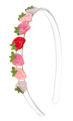 Add a whimsical flair to any outfit with the Strawberry Shimmer Headband by Lillies & Roses—a clear handmade plastic headband adorned with five pink strawberries and one red strawberry, each detailed with green felt leaves for a charming finishing touch.