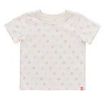 The Kids’ Adventure T-Shirt from Coop Kids PC is a short-sleeved, cream-colored tee adorned with a playful pattern of small, multicolored smiley faces evenly spaced across the fabric and finished with a subtle Coop logo detail.