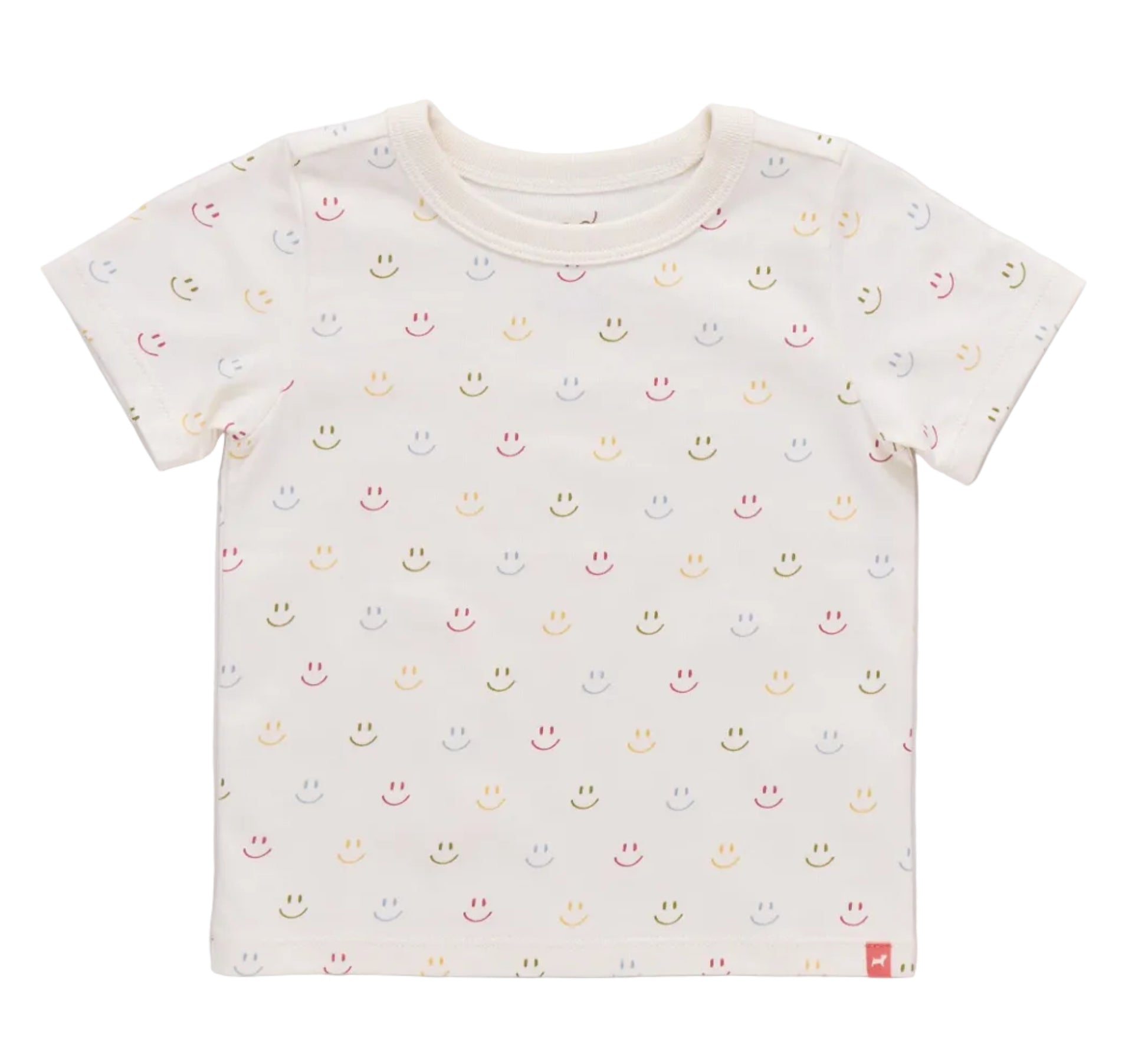 The Kids’ Adventure T-Shirt from Coop Kids PC is a short-sleeved, cream-colored tee adorned with a playful pattern of small, multicolored smiley faces evenly spaced across the fabric and finished with a subtle Coop logo detail.