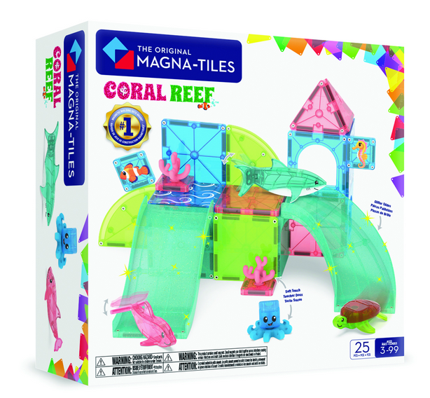The Magnatiles Coral Reef 25-Piece Set box features colorful magnetic tiles and ocean animal figures, suitable for ages 3 to 99.