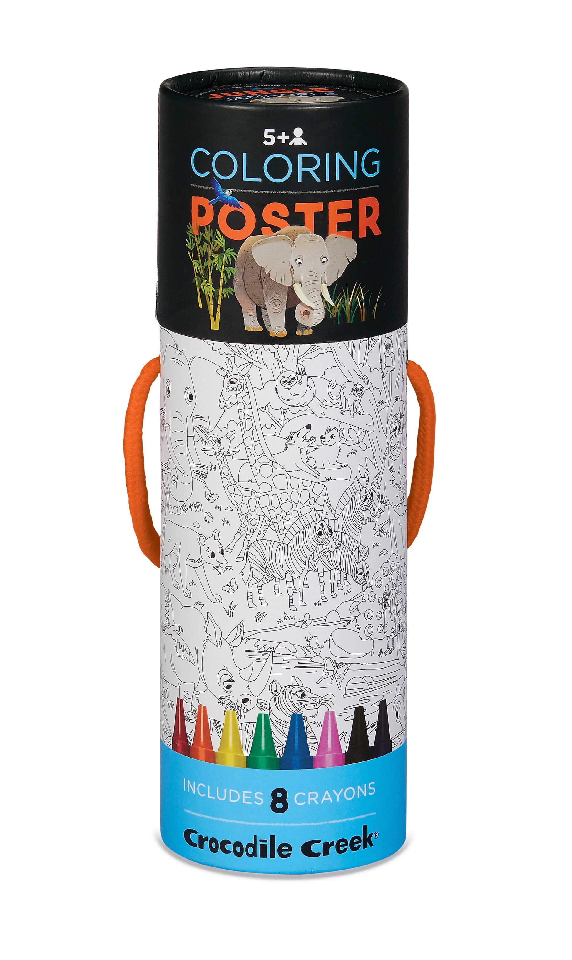 Crocodile Creek’s Coloring Poster is a cylindrical kids’ art set with animal designs, orange handles, and 8 crayons—perfect for ages 5+.