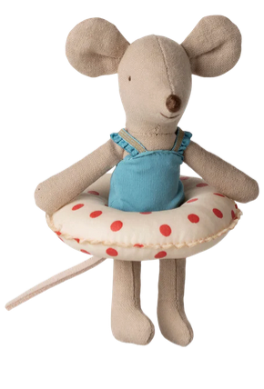 The Maileg Beach Mouse with Red Dots Float - Little Sister is a charming fabric toy dressed in a blue swimsuit and featuring a white swim ring adorned with red polka dots, perfect for imaginative beach adventures.