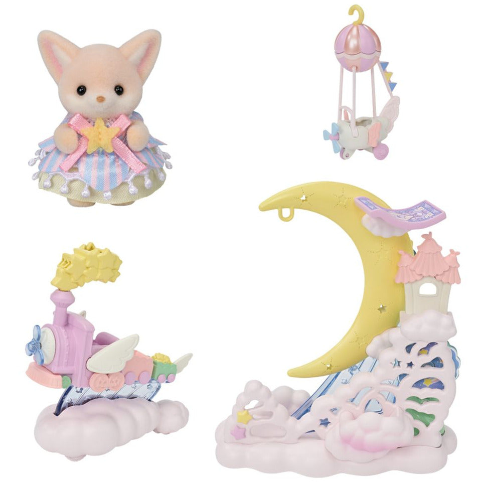 The Calico Critters Daydream Parade Playset features a toy fox in a dress, a pastel hot air balloon, a cloud steam train, and a crescent moon float display adorned with stars and a tiny house, all designed in soft pastel colors.