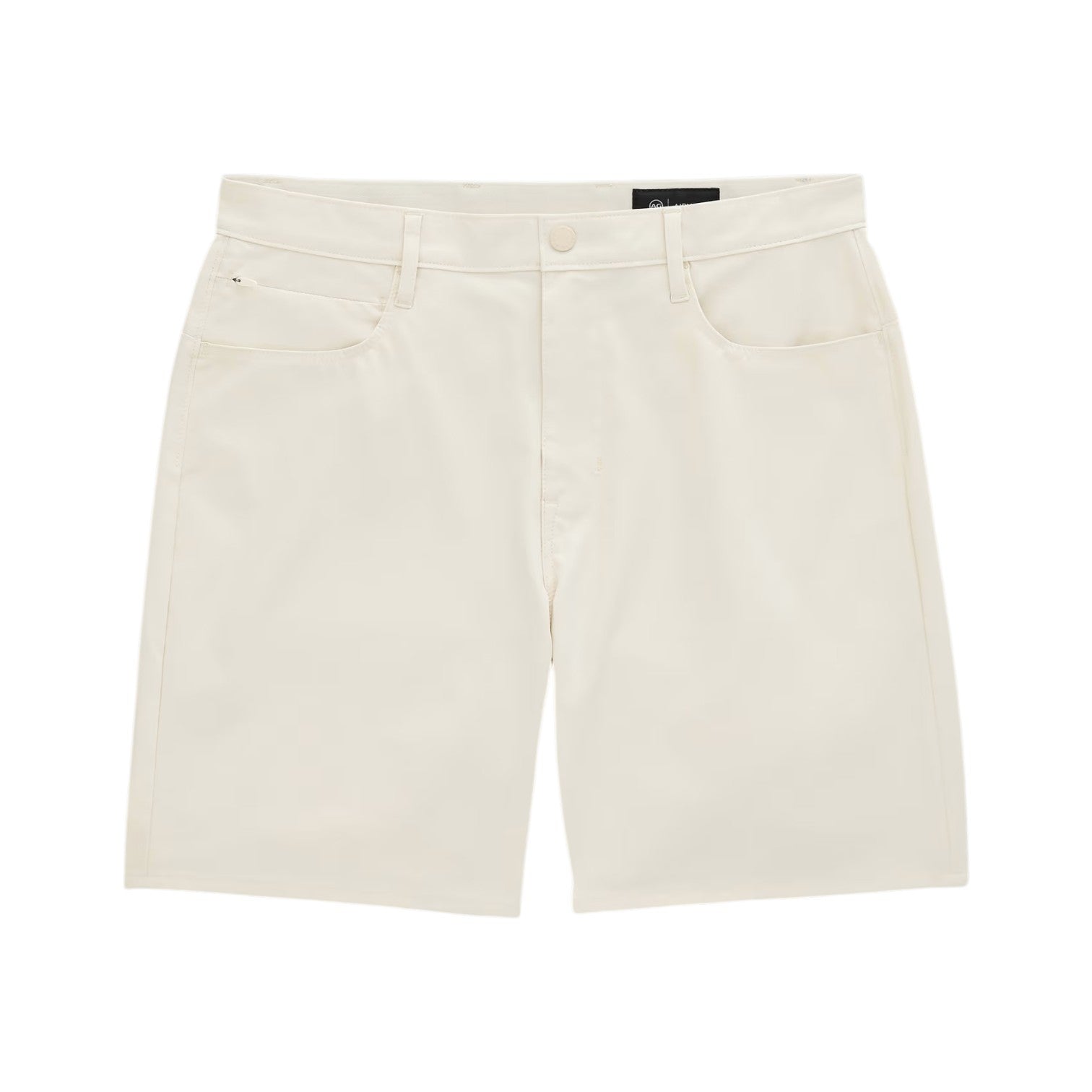 A pair of AG Jeans Bay Shorts in a clean, off-white hue, designed with front and back pockets, a zipper fly, and belt loops—expertly tailored for an athletic build. Shown against a white background.