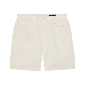 A pair of AG Jeans Bay Shorts in a clean, off-white hue, designed with front and back pockets, a zipper fly, and belt loops—expertly tailored for an athletic build. Shown against a white background.