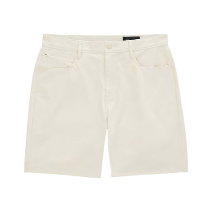 A pair of AG Jeans Bay Shorts in a clean, off-white hue, designed with front and back pockets, a zipper fly, and belt loops—expertly tailored for an athletic build. Shown against a white background.