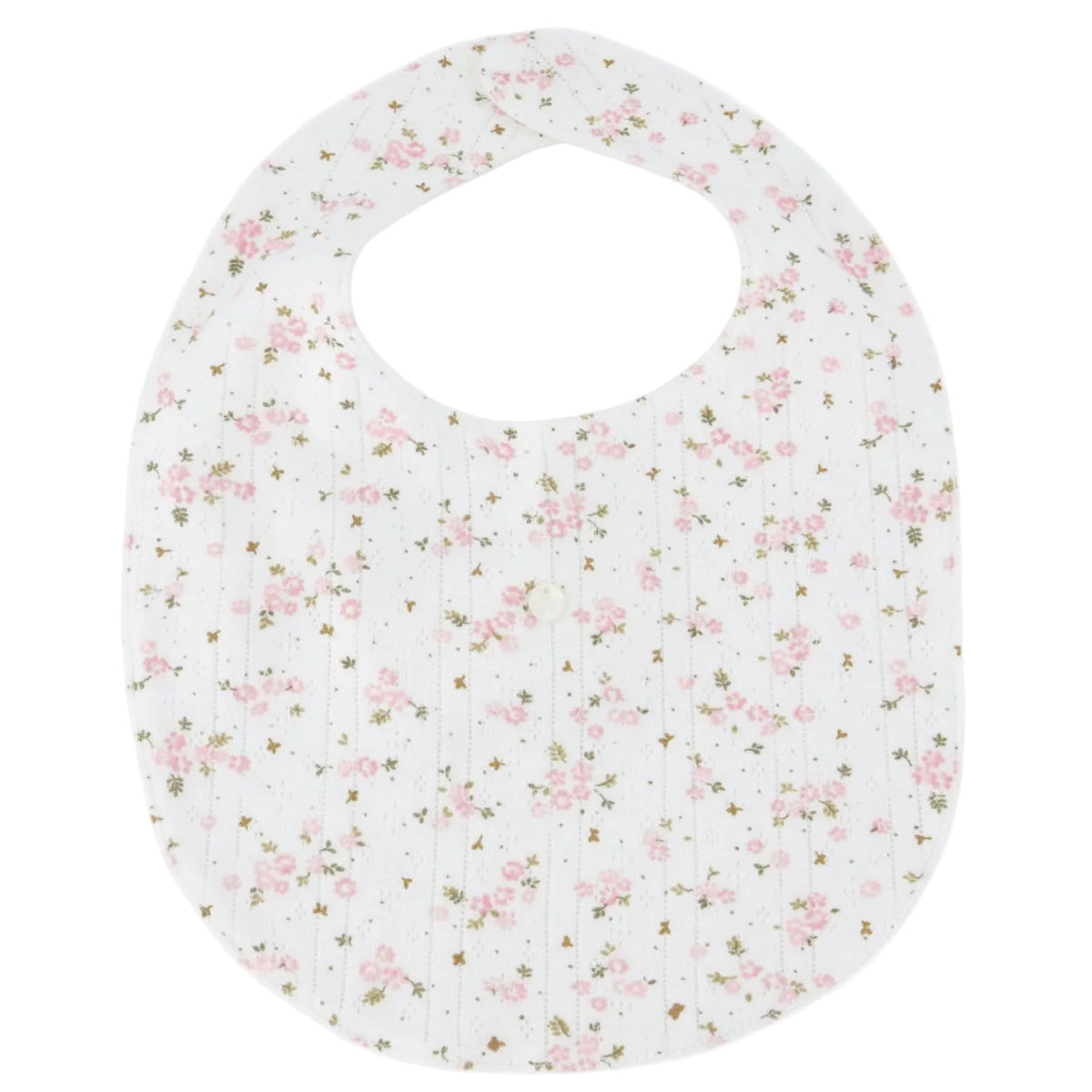 A charming Tartine et Chocolat bib for newborns, featuring a pink floral pattern and a round neck opening, crafted from soft, unbleached cotton and shown laid flat on a plain background—an ideal baby mealtime accessory.
