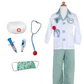 The Great Pretenders Green Doctor Set with Accessories includes a white coat, green pants, stethoscope, syringe, thermometer, mask, and hat—perfect for imaginative play.