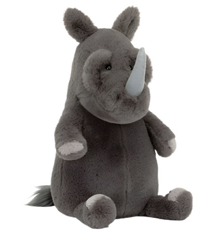 Meet Jellycat Roderick Rhinoceros, a sturdy plush toy shaped like a rhinoceros. Made of soft, gray fabric, he boasts a big round body, prominent horn on his nose, and small, round ears.