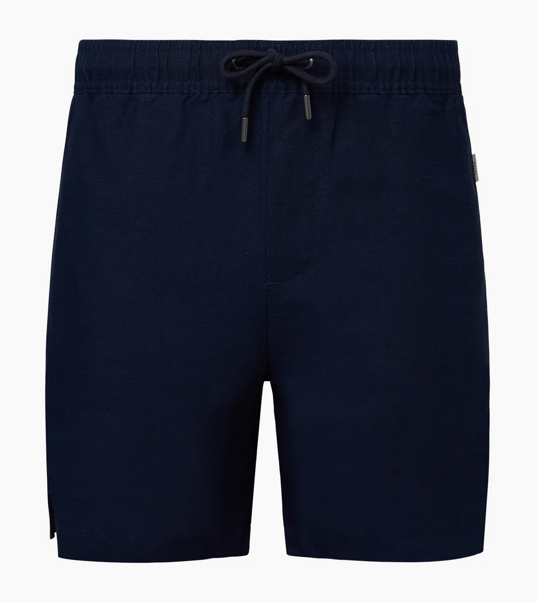The Onia Air Linen Pull-On Short for men, in navy blue with a stretch waist, elastic waistband, and black drawstring, is displayed from the front against a white background.