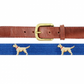 The Smathers & Branson Children's Yellow Lab Belt is a delightful needlepoint accessory for kids, featuring a blue strap paired with a brown full-grain leather buckle area. It is adorned with an adorable pattern of small, standing yellow Labradors, making it perfect for boys' belt sizes and adding a playful touch to any outfit.