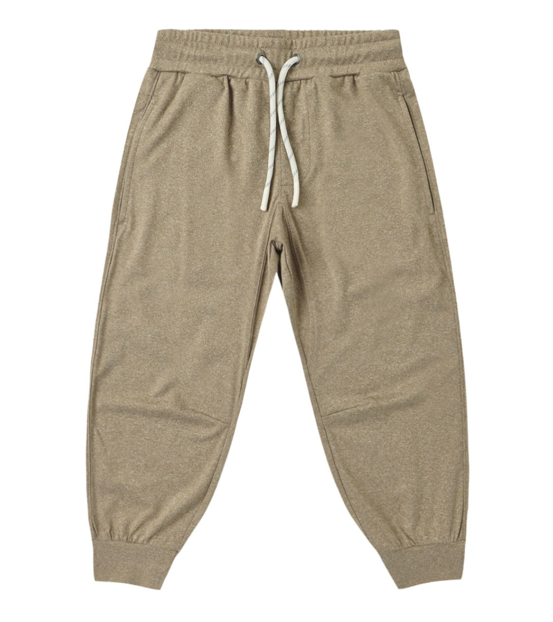 The Boys’ Century Tech Jogger by Rylee & Cru is shown in tan, featuring a relaxed fit, elastic waistband with white drawstring, side pockets, and cuffed ankles, laid flat on a white background.