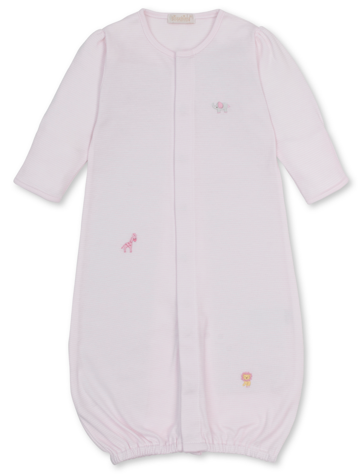 Introducing the Baby SCE Jungle Hang Out Striped Hand Emb. Convertible Gown by Kissy Kissy—a light pink gown made from ultra-soft Peruvian cotton, featuring long sleeves, delicate hand-embroidered giraffe, lion, and elephant details, plus an elasticized bottom hem for easy changing.