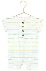 Lou Lou & Company Baby Boys’ Conrad Romper with short sleeves and a button-down front, crafted from white fabric featuring dotted horizontal lines in blue, yellow, and gray, is displayed on a hanger.