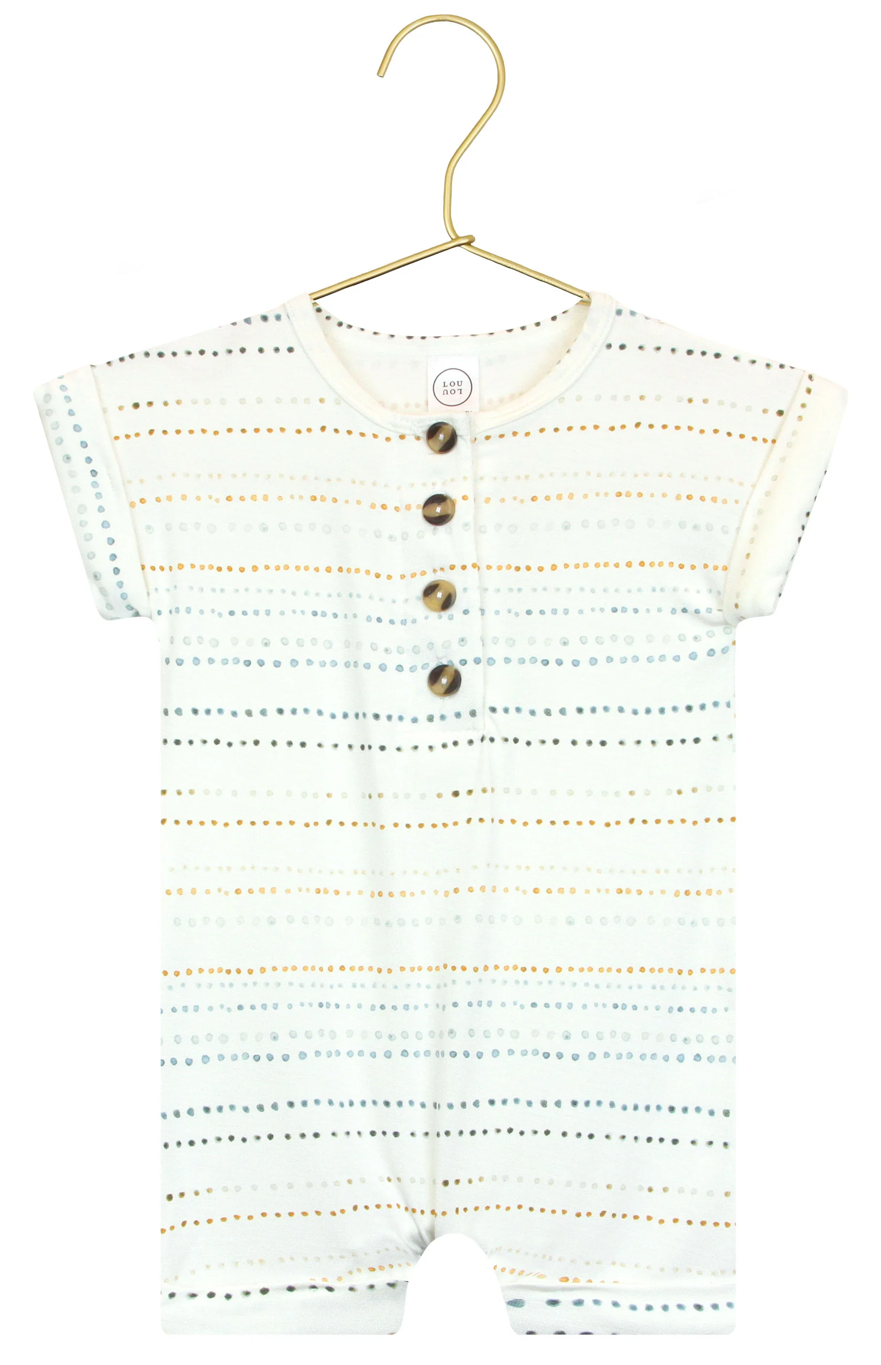 Lou Lou & Company Baby Boys’ Conrad Romper with short sleeves and a button-down front, crafted from white fabric featuring dotted horizontal lines in blue, yellow, and gray, is displayed on a hanger.