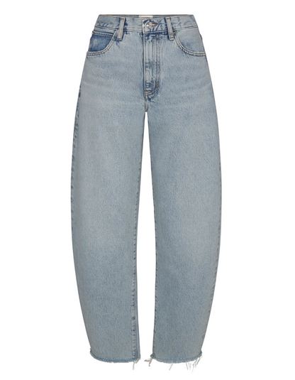 The Bubble Crop by Frame: light blue high rise jeans with straight, slightly wide legs, a subtle barrel silhouette, and raw unfinished hems.