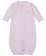 The Kissy Kissy Baby Premier Noah's Ark Convertible Gown features long sleeves, front seam detail, subtle scalloped edging, and a small embroidered letter "L," all crafted from soft Peruvian cotton.