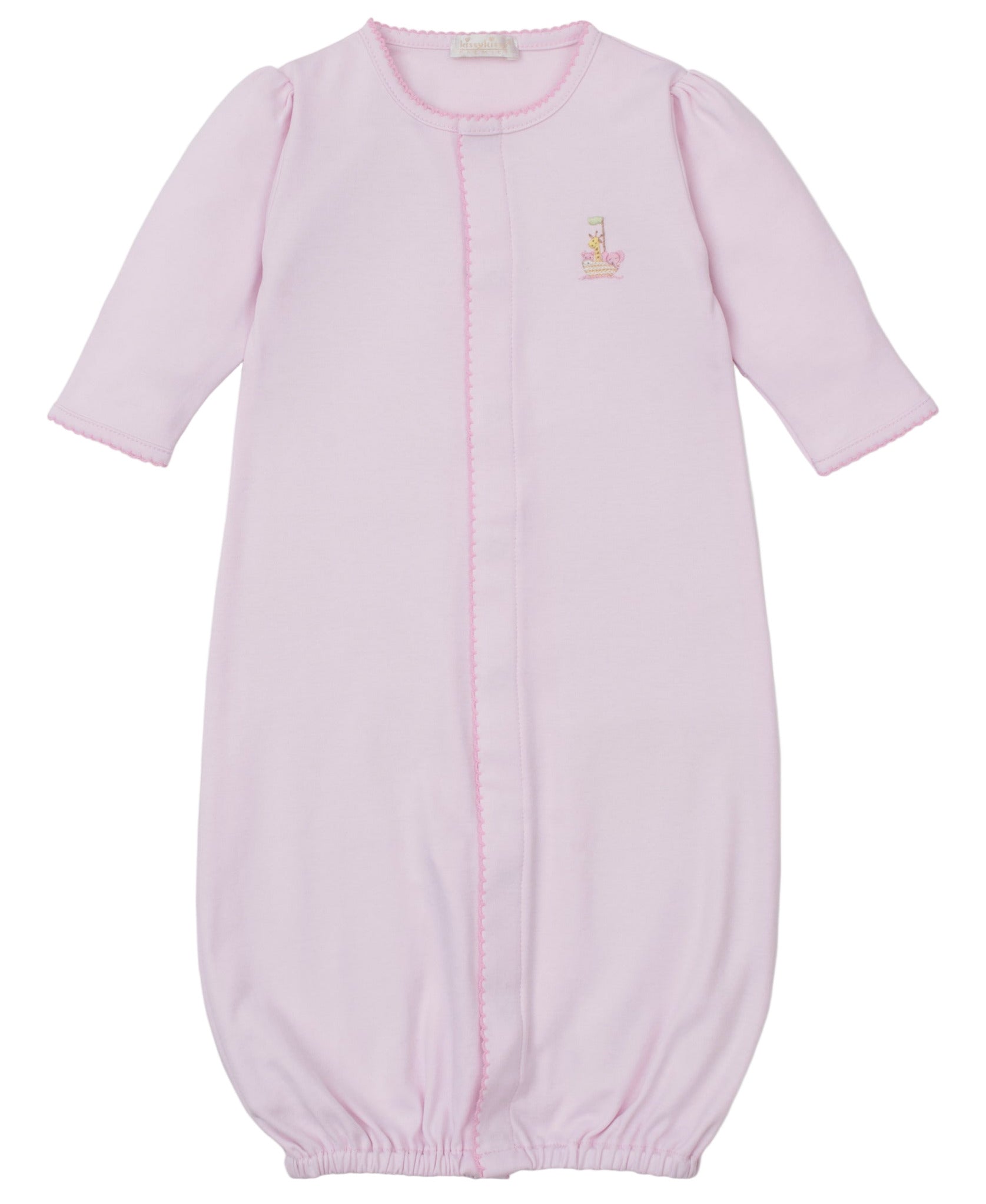 The Kissy Kissy Baby Premier Noah's Ark Convertible Gown features long sleeves, front seam detail, subtle scalloped edging, and a small embroidered letter "L," all crafted from soft Peruvian cotton.