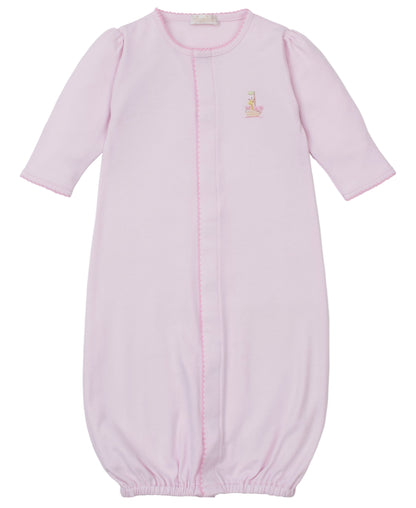 The Kissy Kissy Baby Premier Noah's Ark Convertible Gown features long sleeves, front seam detail, subtle scalloped edging, and a small embroidered letter "L," all crafted from soft Peruvian cotton.