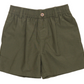 The Boys’ Jackson Short by Pink Chicken features olive green cotton canvas fabric, a pull-on elastic waist with belt loops, a brown button closure, and short legs, displayed flat on a white background.