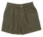 The Boys’ Jackson Short by Pink Chicken features olive green cotton canvas fabric, a pull-on elastic waist with belt loops, a brown button closure, and short legs, displayed flat on a white background.
