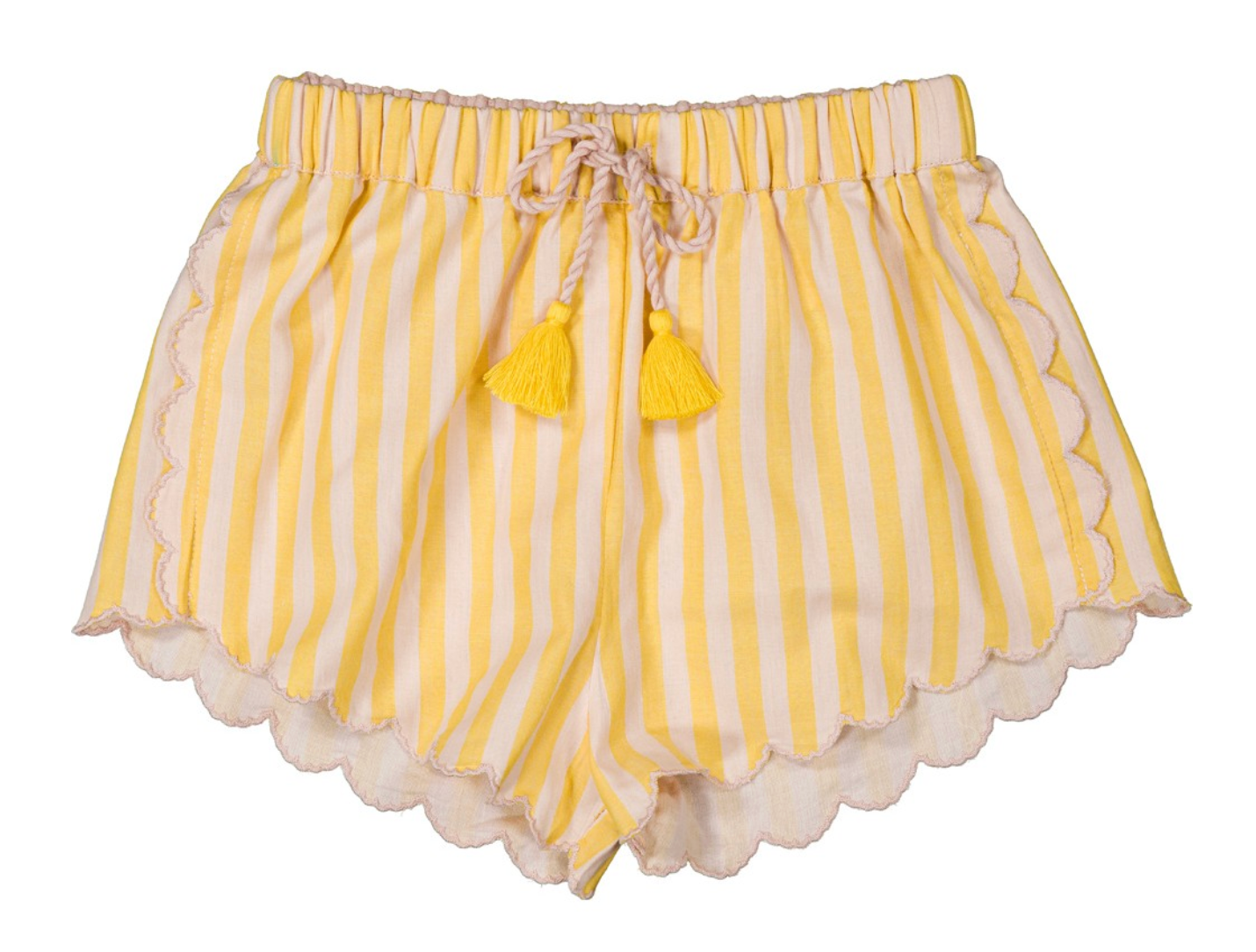 Louis Louise Girls’ Kalea Short in yellow and white stripes, designed with scalloped edges, an elastic waistband, and a drawstring finished with two yellow tassels, shown on a white background.